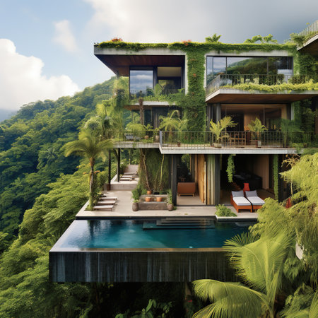 3d rendering of modern cozy house with pool and parking for sale or rent. Luxury home in the jungle.の素材