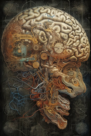 Human brain with gears and cogwheels on a dark background.の素材