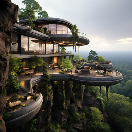 3d rendering of modern cozy house with pool and parking for sale or rent in beautiful forest.の素材