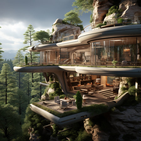 3D render of a modern house on top of a mountain.の素材