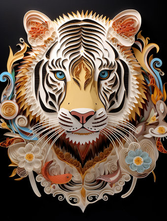 Tiger head with ornaments on dark background.の素材