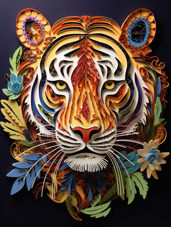 Tiger head made of colorful paper on black background. Tiger head made of paper.の素材