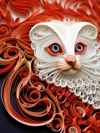 Colorful paper cut out of a lion on a black background.の素材