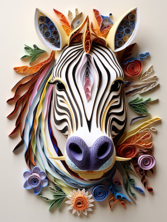 Head of a zebra made of paper with colorful flowers and leavesの素材
