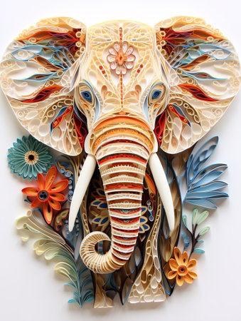 Elephant made of paper with floral patterns on a white background.の素材
