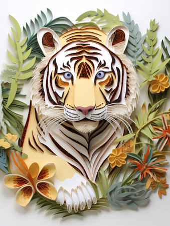 Paper cut of tiger face with flowers and leaves on white background.の素材