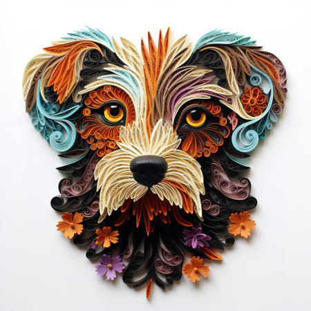 Colorful dog face made of paper flowers and leaves on white backgroundの素材