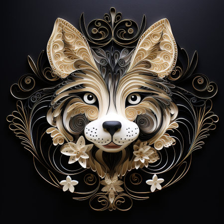 illustration of a dog with floral ornament on a black background.の素材