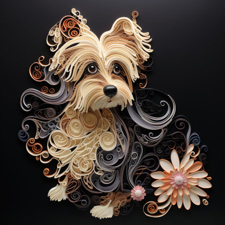Yorkshire Terrier with floral ornament on black background.の素材