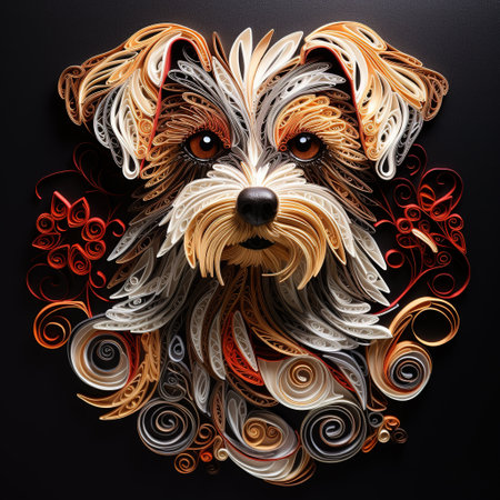 Portrait of a Yorkshire Terrier on a black background with decorative elementsの素材