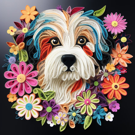 Cute dog with colorful flowers on black background, top view.の素材