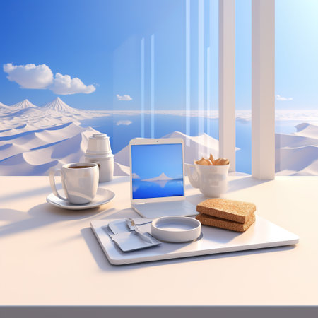 tablet pc with breakfast on the table in the office. 3d renderの素材