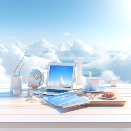3d illustration. Workplace with laptop, coffee cup and decorationsの素材