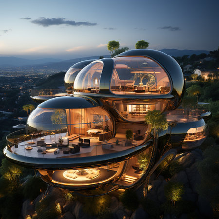 3D rendering of a house with a glass roof made of glassの素材