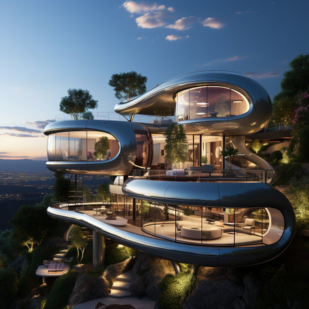Modern architecture. 3D render of a modern house in the gardenの素材