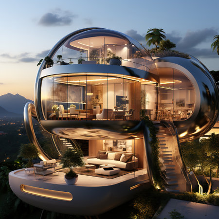 3d rendering of a modern house on the hill at sunset.の素材