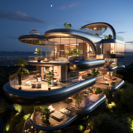 3d rendering of modern cozy house with pool and parking for sale or rent. Luxury house on the hill.の素材