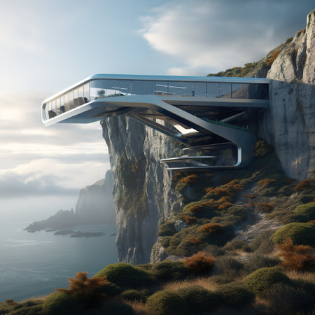 Futuristic bridge over the sea. 3d render illustration.の素材