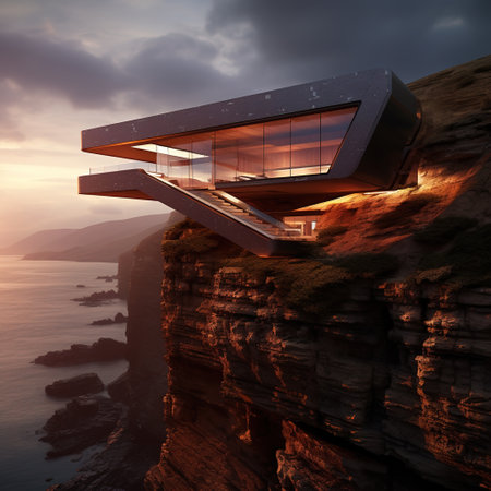 3d render of modern house on the cliff with sea view.の素材