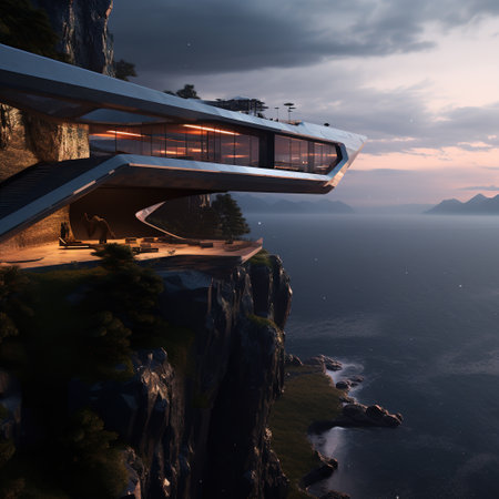 Modern architecture on the cliff edge with sea view. 3d renderの素材