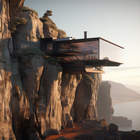 3D render of a modern house on the top of a cliffの素材