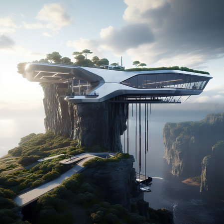 Futuristic building on the island in the sea. Futuristic concept.の素材