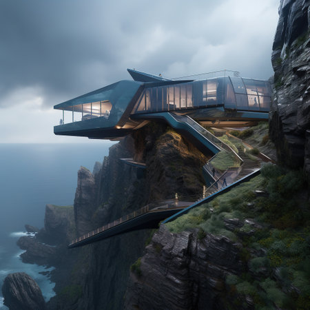 3d render of a modern house on a cliff by the seaの素材