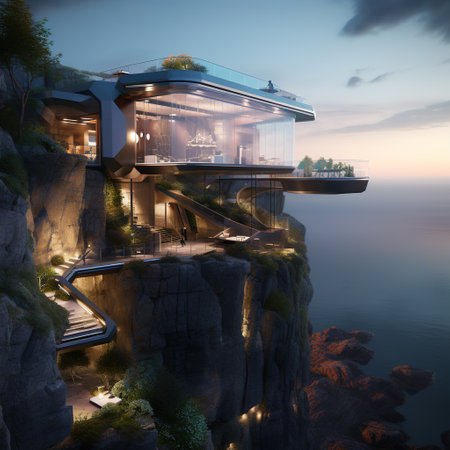 3d rendering of modern house on the cliff with lake view.の素材