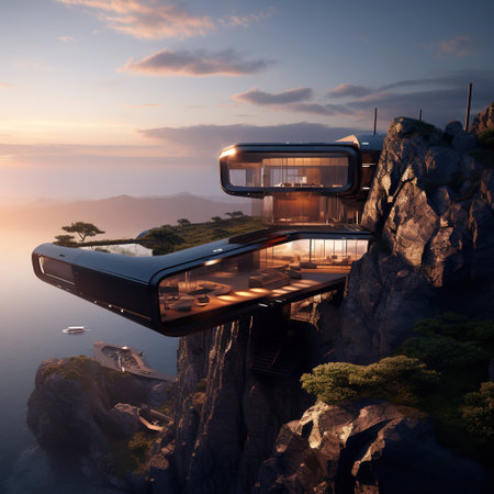 3D rendering of a mobile home on the rocks at sunset.の素材