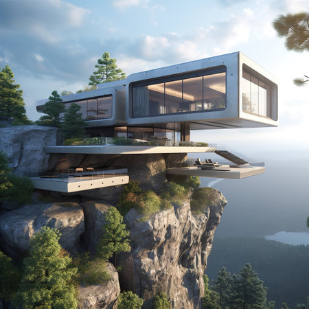 3d rendering of modern house on the cliff with beautiful landscape.の素材