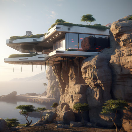 3d render of a house on a cliff with a lot of treesの素材
