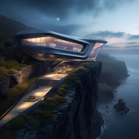 Futuristic building on the edge of a cliff in the eveningの素材