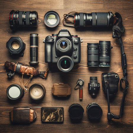 Photographer equipment on wooden background. Top view. Flat lay.の素材