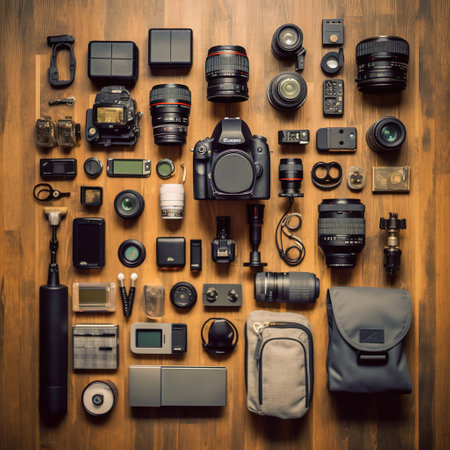 Photographer equipment on wooden background. Top view. Flat lay.の素材