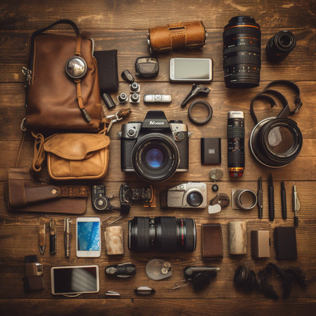 Photographer's equipment on wooden background. Top view. Flat layの素材