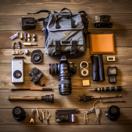 Photographer equipment on wooden background. Top view. Flat lay.の素材