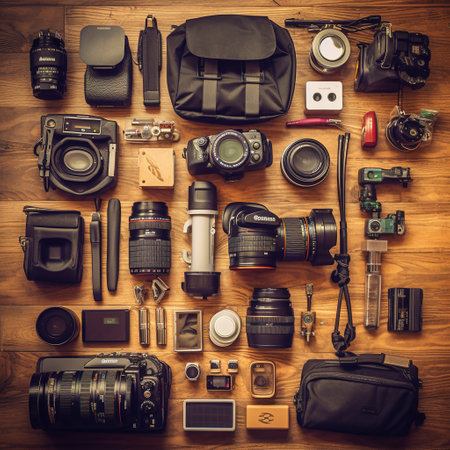 Photographer equipment on wooden background. Top view. Flat lay.の素材