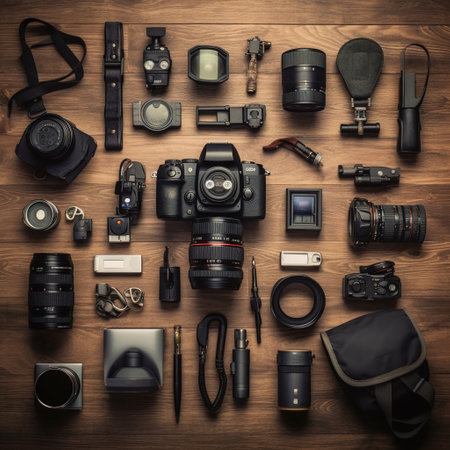 Photographer equipment on a wooden background. Top view. Flat lay.の素材