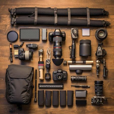 Photographer equipment on wooden background. Top view. Flat lay.の素材
