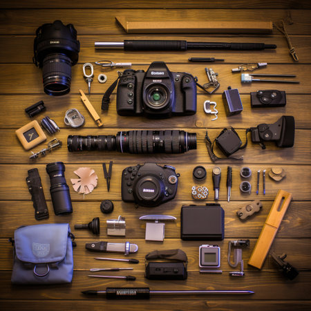 Foto de Photographer equipment on wooden background. Top view. Flat lay. - Imagen libre de derechos