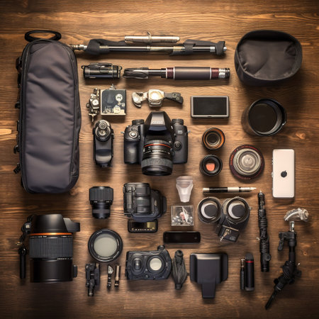 Photographer equipment on wooden background. Top view. Flat lay.の素材