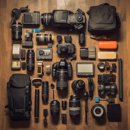 Photographer equipment on a wooden background. Top view. Flat lay.の素材