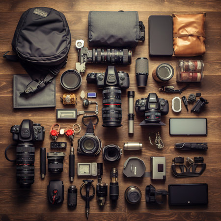 Photographer equipment on wooden background. Flat lay. Top view.の素材