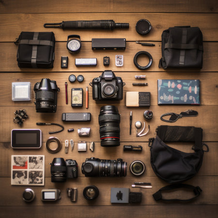 Photographer equipment on wooden background. Top view. Flat lay.の素材