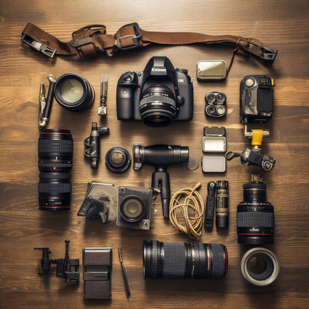 Photographer equipment on wooden background. Top view. Flat lay.の素材