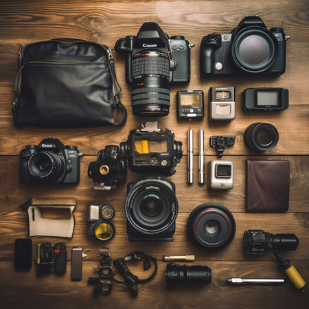 Photographer equipment on a wooden background. Top view. Flat lay.の素材