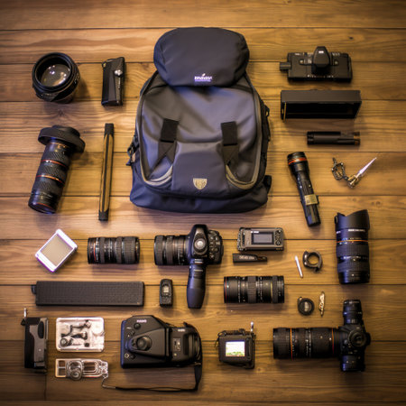 Photographer equipment on wooden background. Top view. Flat lay.の素材