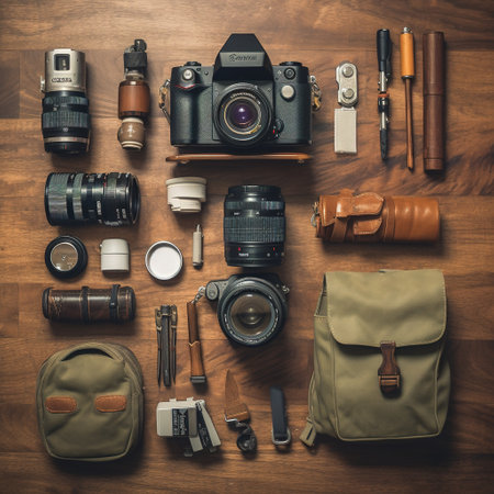 Photographer equipment on a wooden background. Top view. Flat lay.の素材