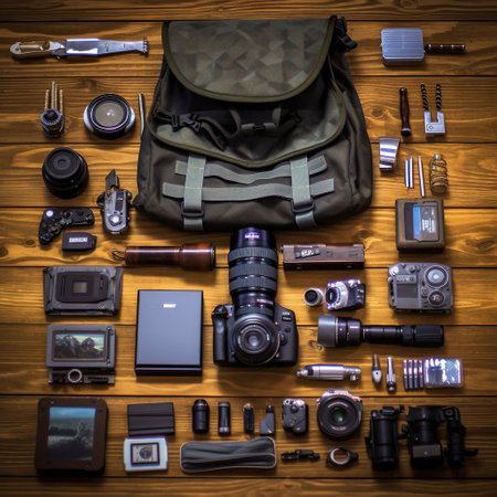 Photographer equipment on a wooden background. Top view, flat layの素材