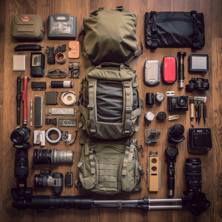 Set of travel equipment on wooden background. Top view, flat layの素材